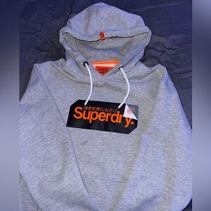 SuperDry Men’s Gray Hoodie with Black/Orange Box Logo. Size XL